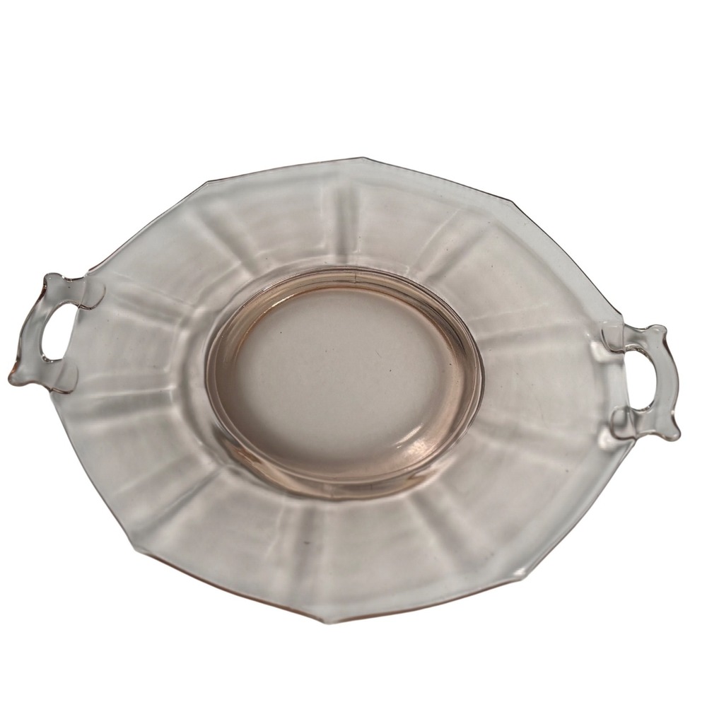 VTG Pink Depression Glass Serving Plate Tray Double Handle Octagon Paneled 1930s